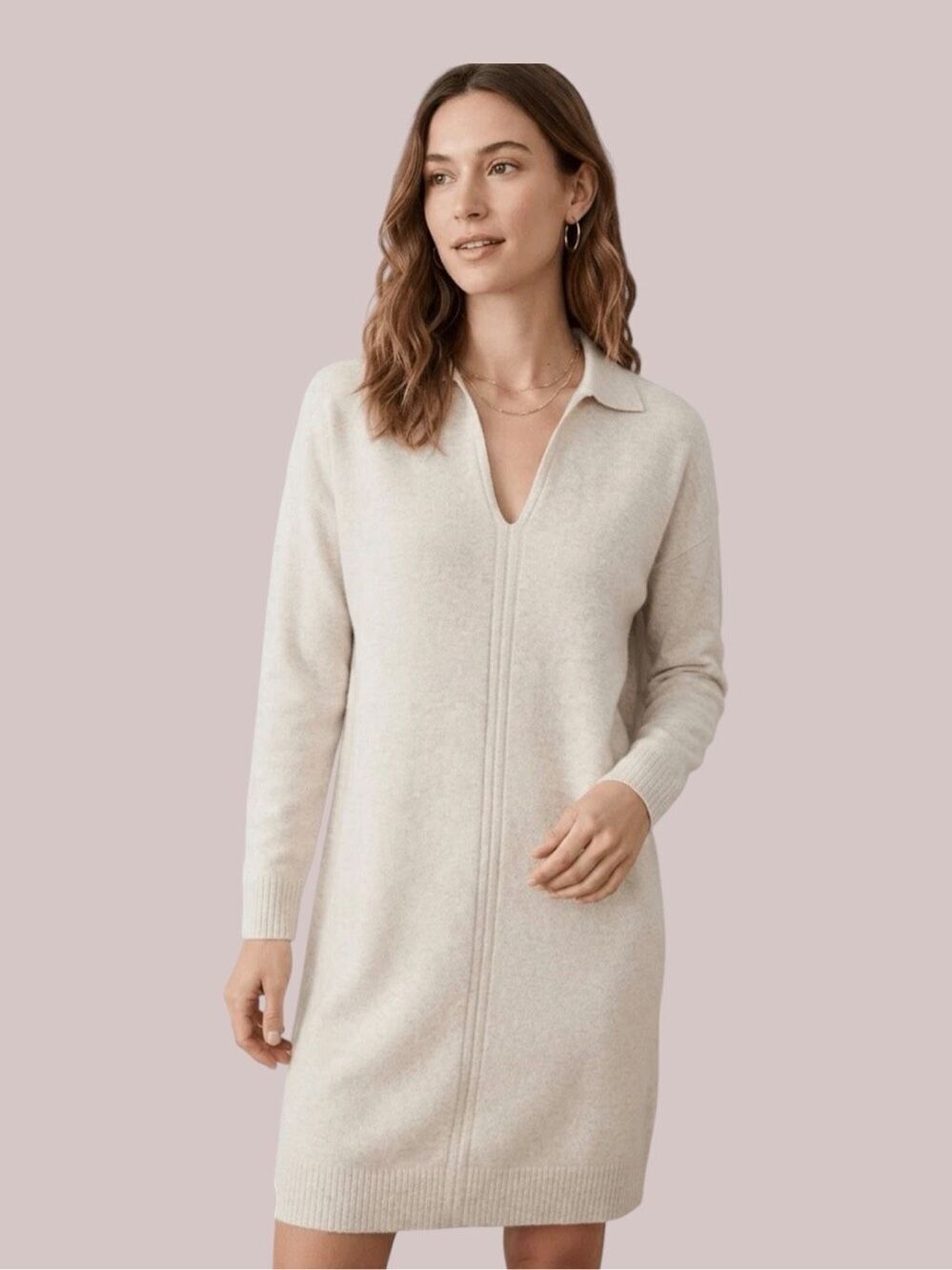 NWT LOFT Petite Collared V-Neck Sweater Dress Oatmeal Beige Cream XXSP